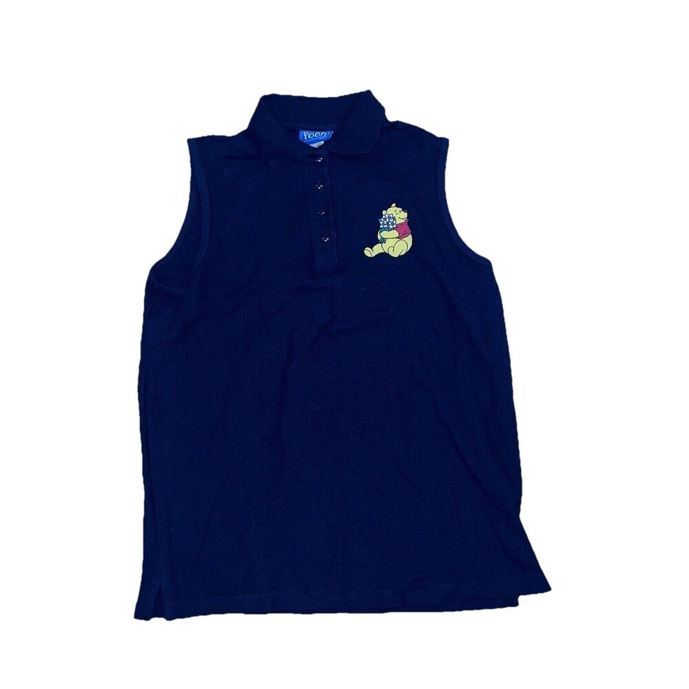 Vintage Y2K Winnie-the-Pooh Sleeveless Polo Shirt navy blue Embroidered Medium M